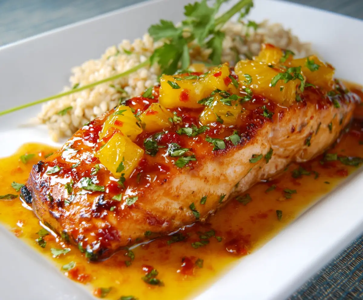 Delicious pineapple glazed salmon fillet served with fresh herbs on a plate