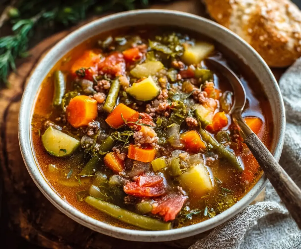 Hearty rustic vegetable soup in a bowl, fresh herbs garnish, perfect for a wholesome meal.