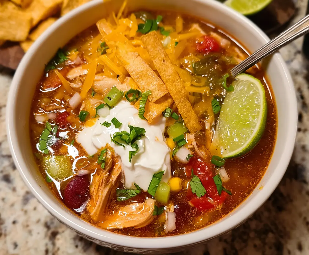 Delicious savory chicken tortilla soup with fresh herbs and melted cheese in a bowl.