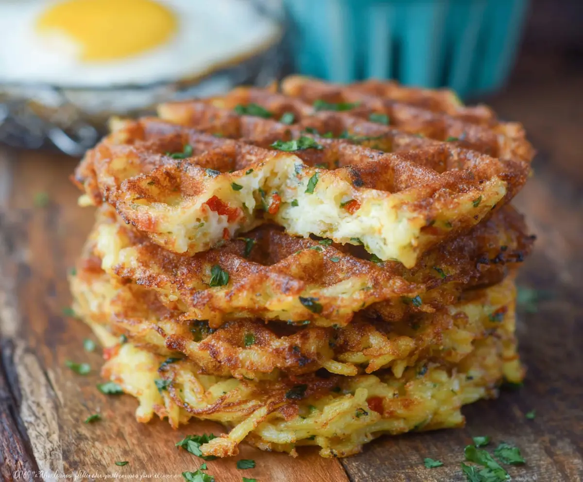Delicious savory hashbrown chaffle on a breakfast plate, highlighting a healthy breakfast option.