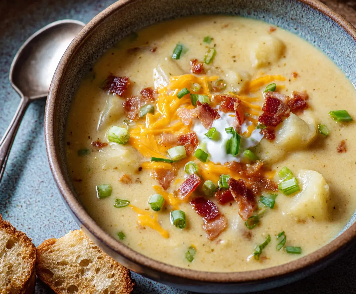 Creamy slow cooker potato soup with savory herbs and melted cheese in a bowl.