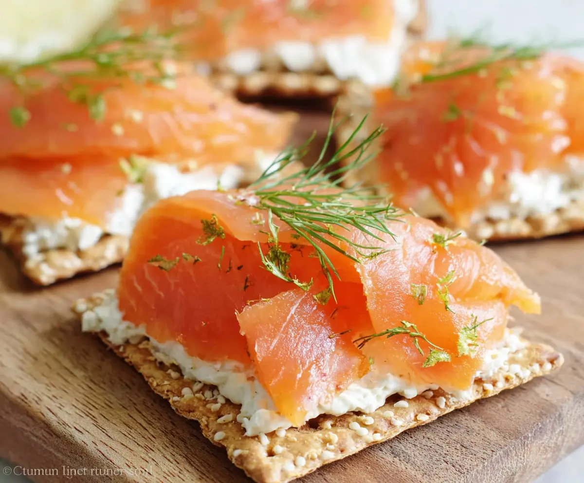 Delicious smoked salmon and creamy cream cheese spread on crispy crackers, perfect for appetizers.
