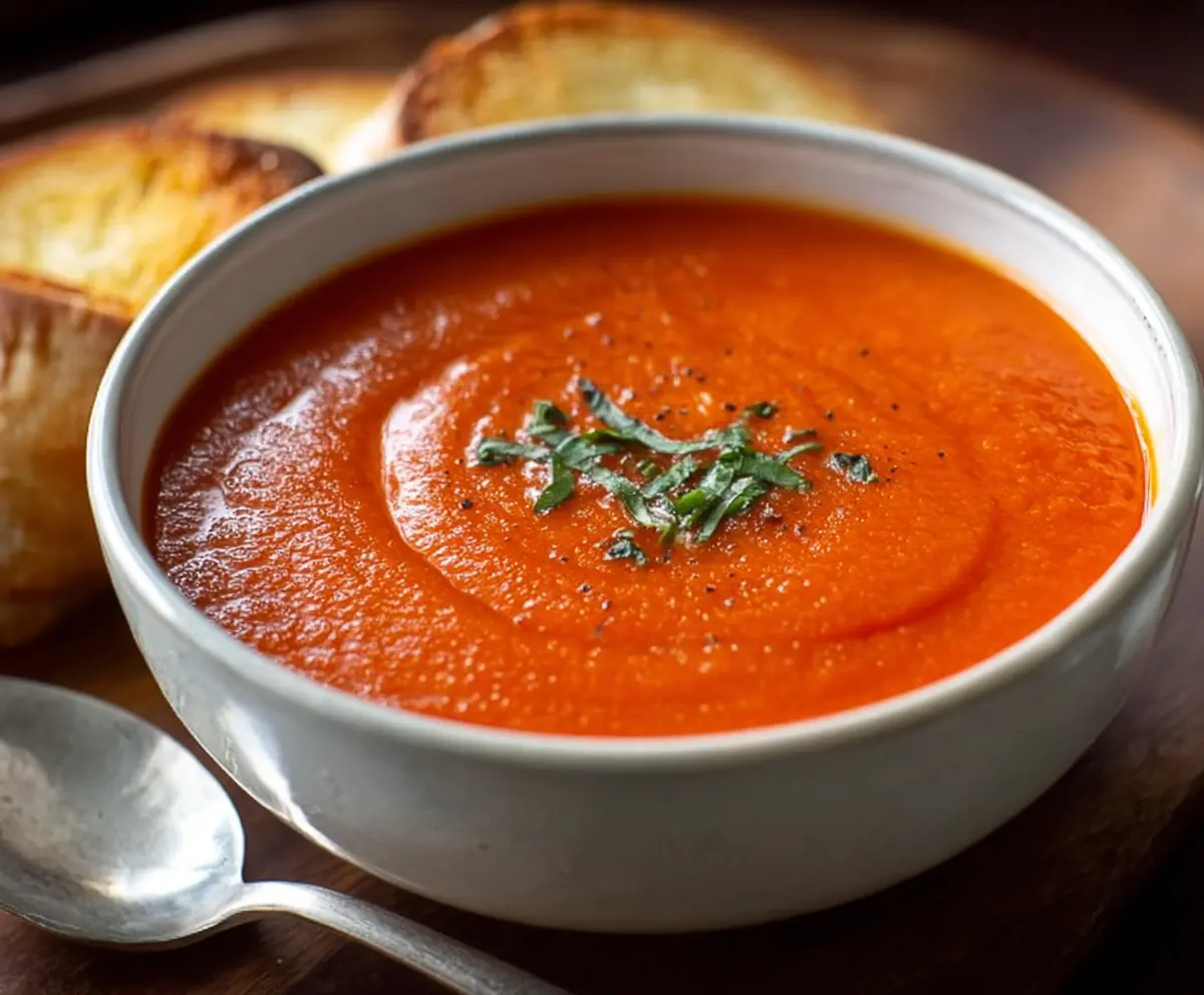Creamy and smooth tomato soup served in a bowl, garnished with fresh basil leaves.