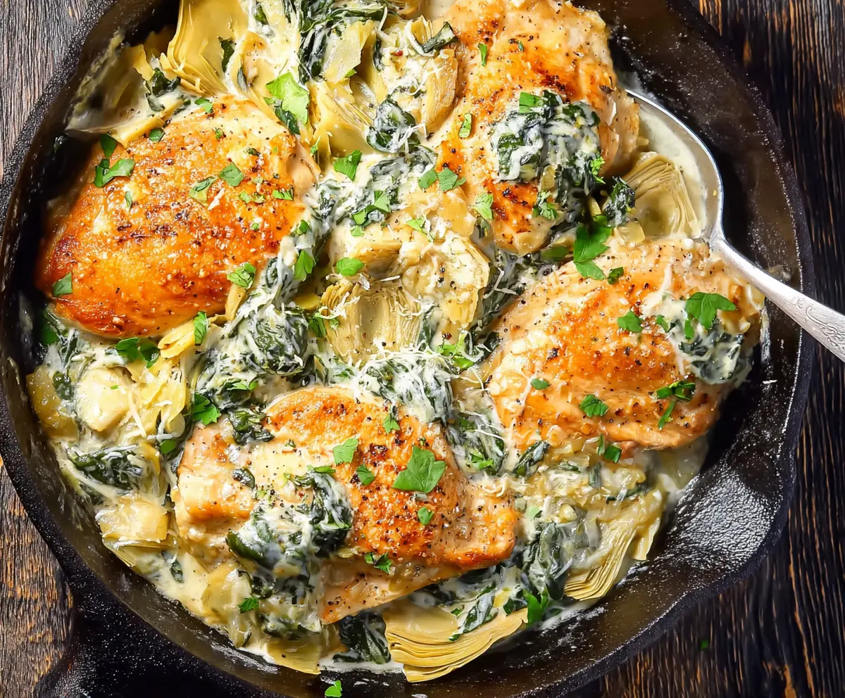 Delicious spinach and artichoke chicken skillet for a low carb dinner, topped with melted cheese and fresh herbs.