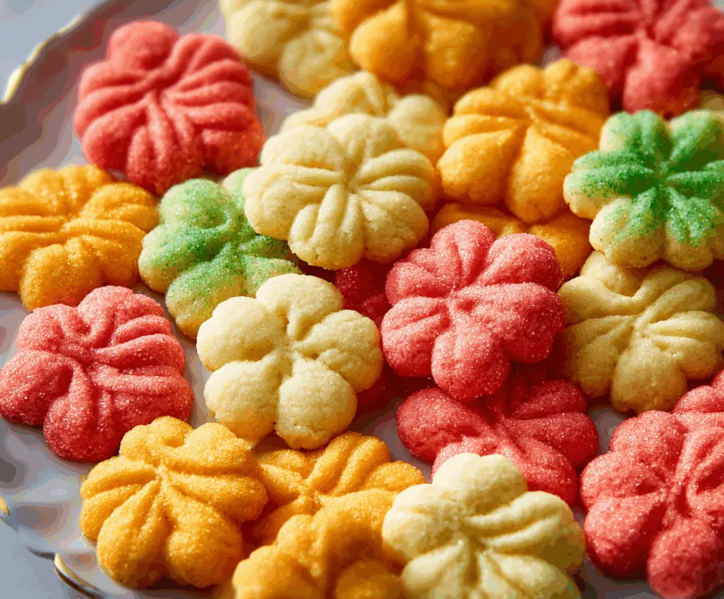 Golden spritz cookies on a baking tray topped with colorful sprinkles, ready to bake.