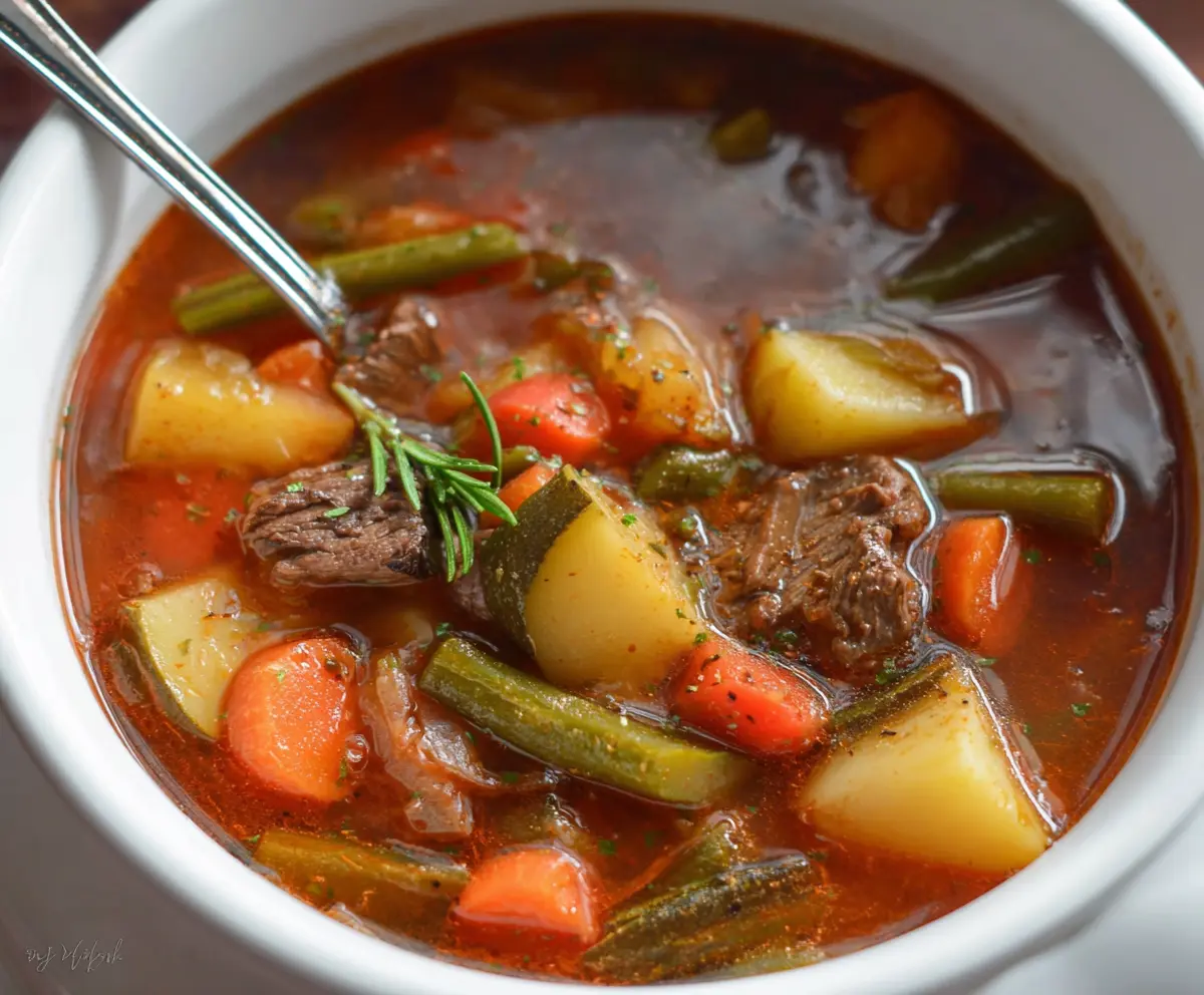 Hearty vegetable beef soup in a bowl, featuring tender beef chunks, fresh vegetables, and flavorful broth.