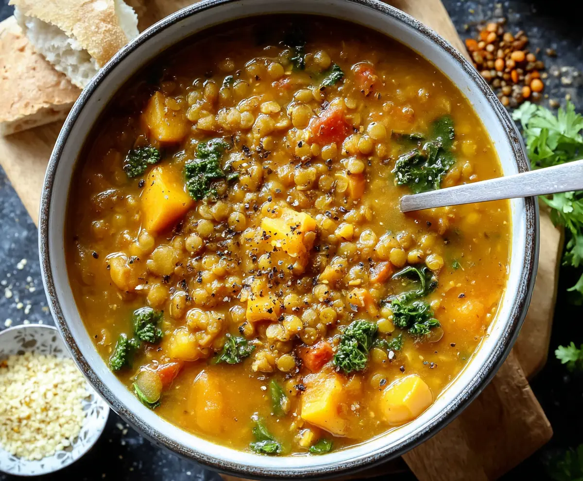 A steaming bowl of warm lentil soup garnished with fresh herbs, served in a rustic bowl.