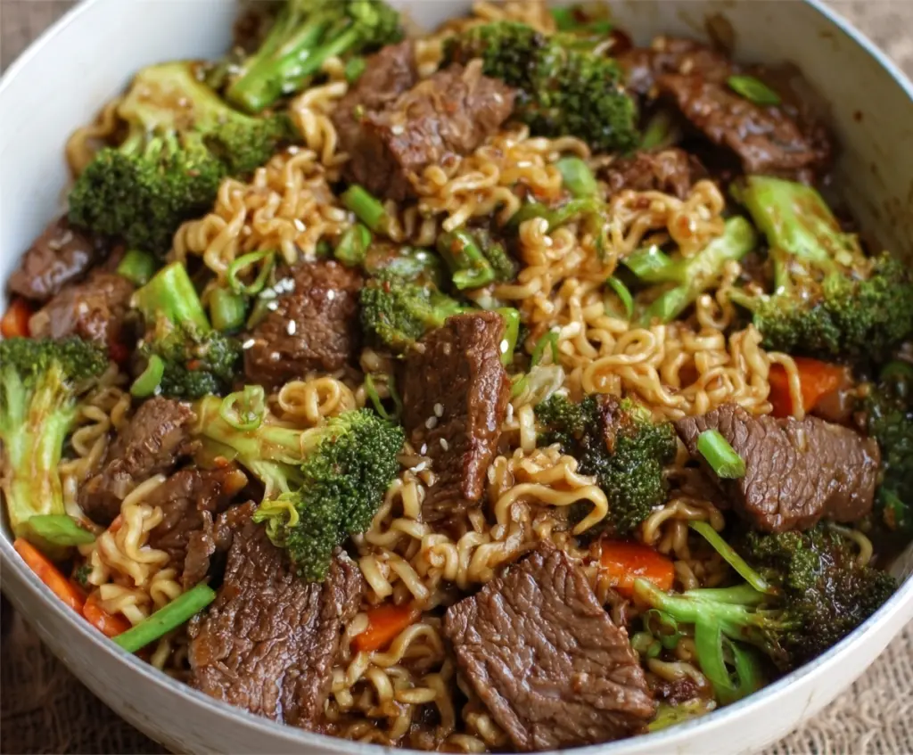 Delicious beef and broccoli ramen stir fry served in a bowl with vibrant vegetables and tender meat.