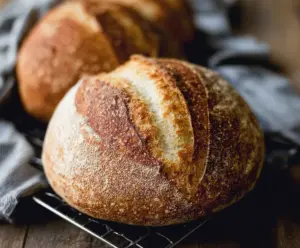 Freshly baked sourdough bread with a crusty golden exterior and airy interior.