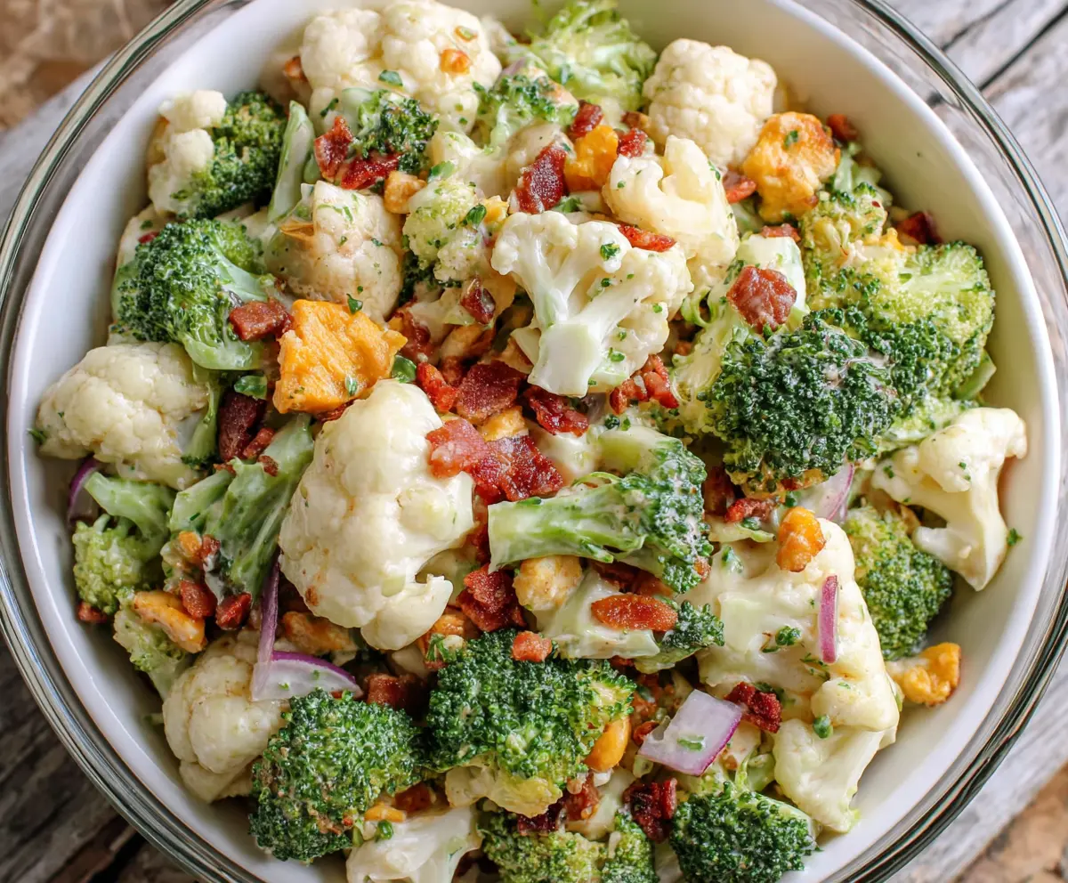 Fresh cauliflower and broccoli salad in a bowl, healthy vegetable recipe for lunch or dinner
