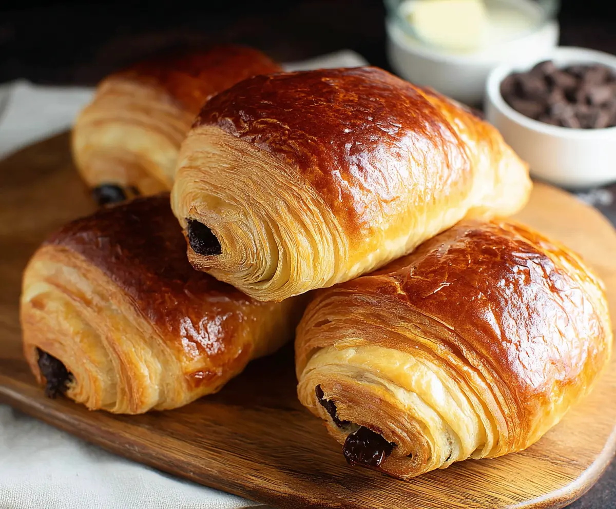 Freshly baked chocolate croissants with flaky golden layers and melted chocolate filling.