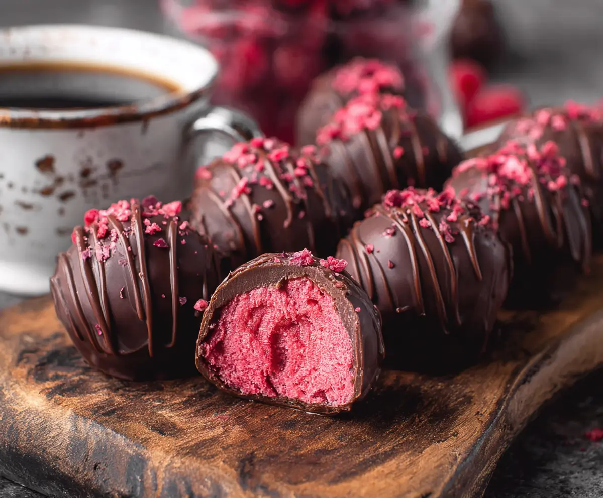 Decadent chocolate raspberry truffles perfect for Valentine's Day desserts.