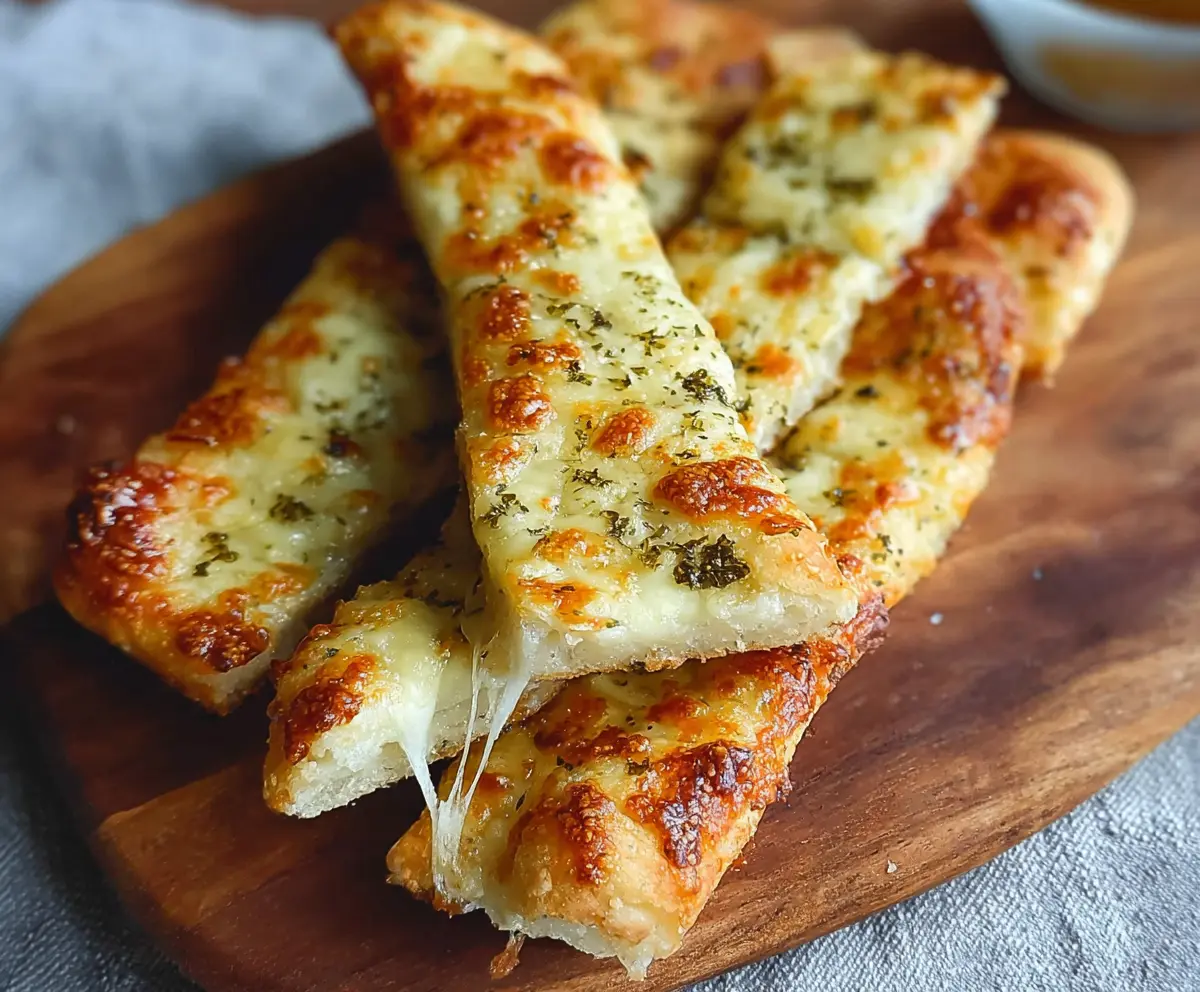 Golden crispy sourdough cheesy breadsticks on a wooden board, perfect for snacking and appetizer platters.