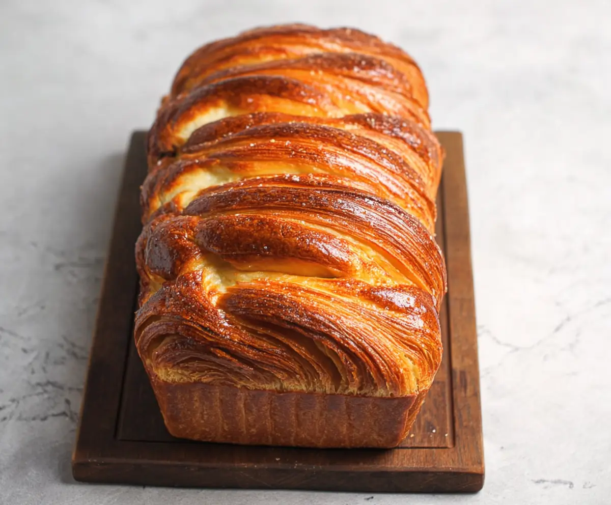 Golden-brown croissant bread loaf fresh out of the oven, showcasing flaky layers and a crispy crust.