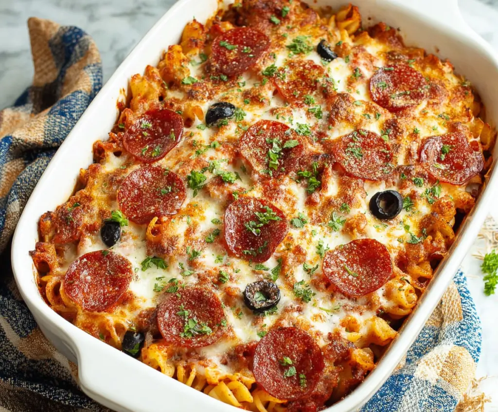 Delicious Easy Weeknight Pizza Casserole topped with melted cheese and fresh toppings, perfect for quick dinners.