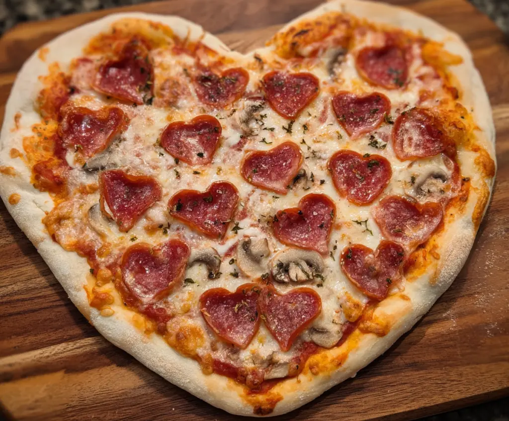 Delicious heart-shaped pizza topped with fresh ingredients, perfect for a romantic meal or special occasion.