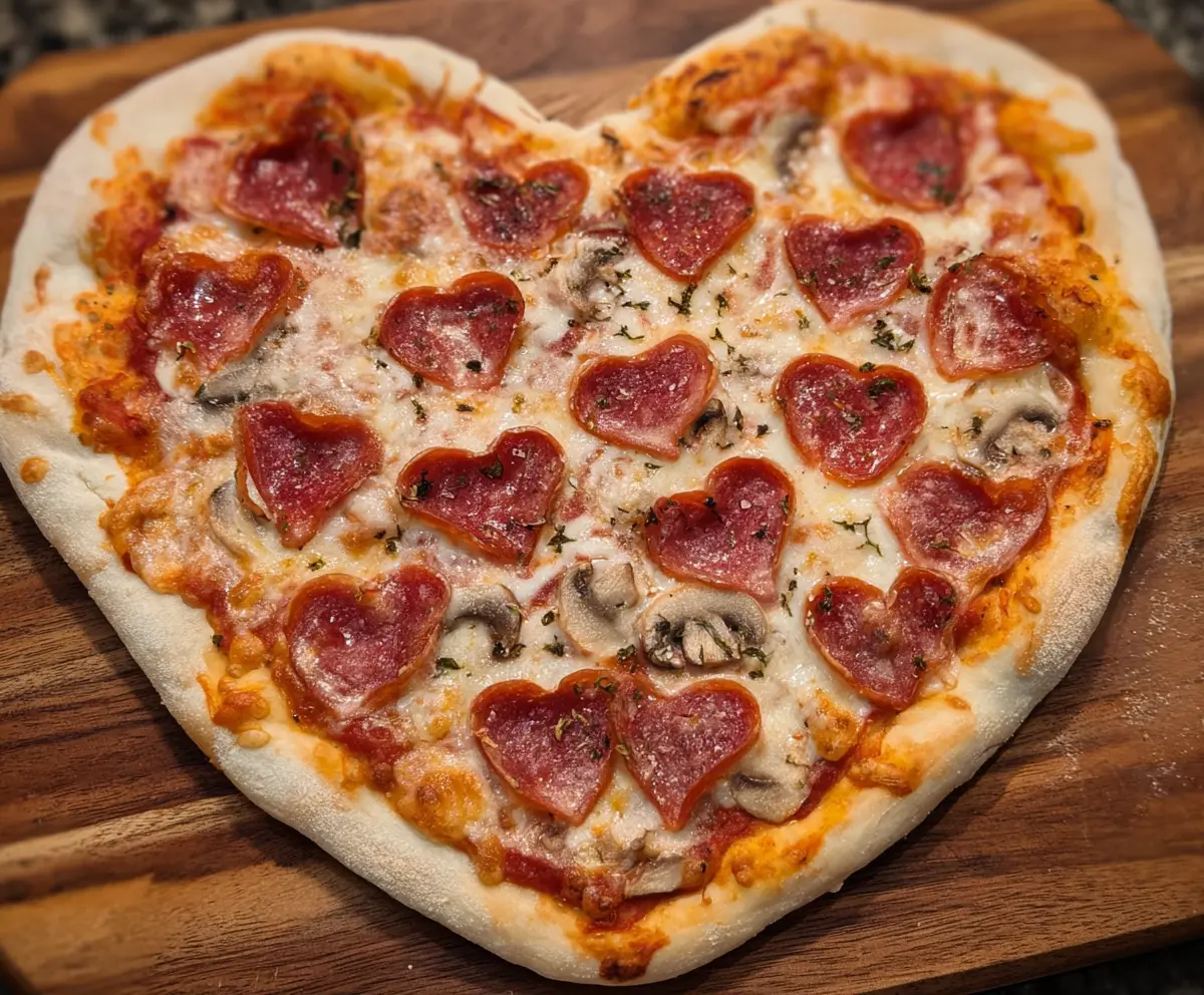 Delicious heart-shaped pizza topped with fresh ingredients, perfect for a romantic meal or special occasion.