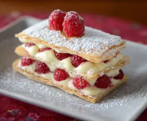 Delicious Raspberry Cream Napoleons with layers of fresh raspberries and whipped cream, perfect for Valentine's Day dessert.