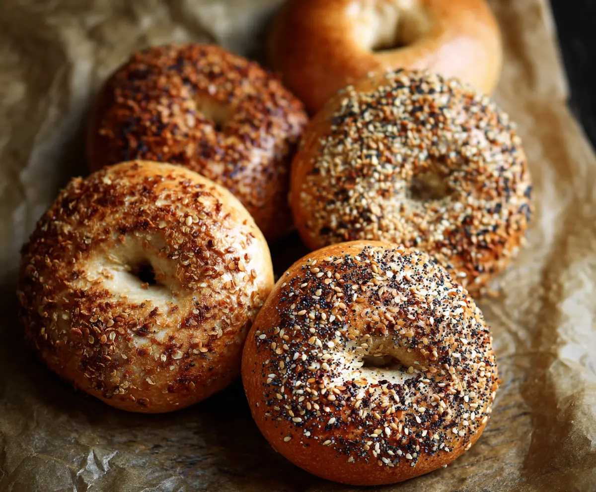 Fresh homemade sourdough bagels on a wooden cutting board, golden and crispy crust with a soft interior.