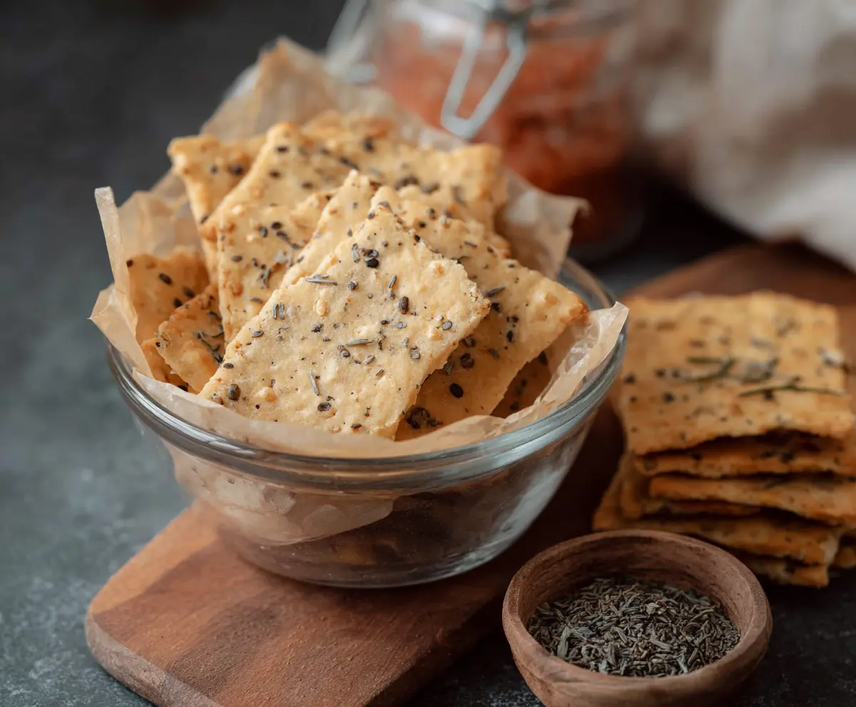 Golden homemade sourdough crackers made with just three simple ingredients on a rustic wooden surface.