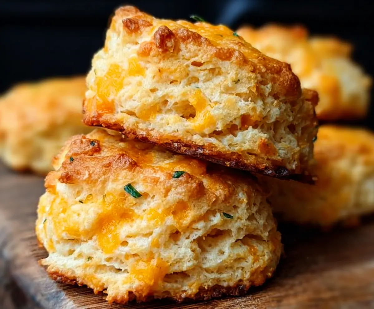 Delicious homemade sourdough discard cheddar biscuits on a rustic plate.