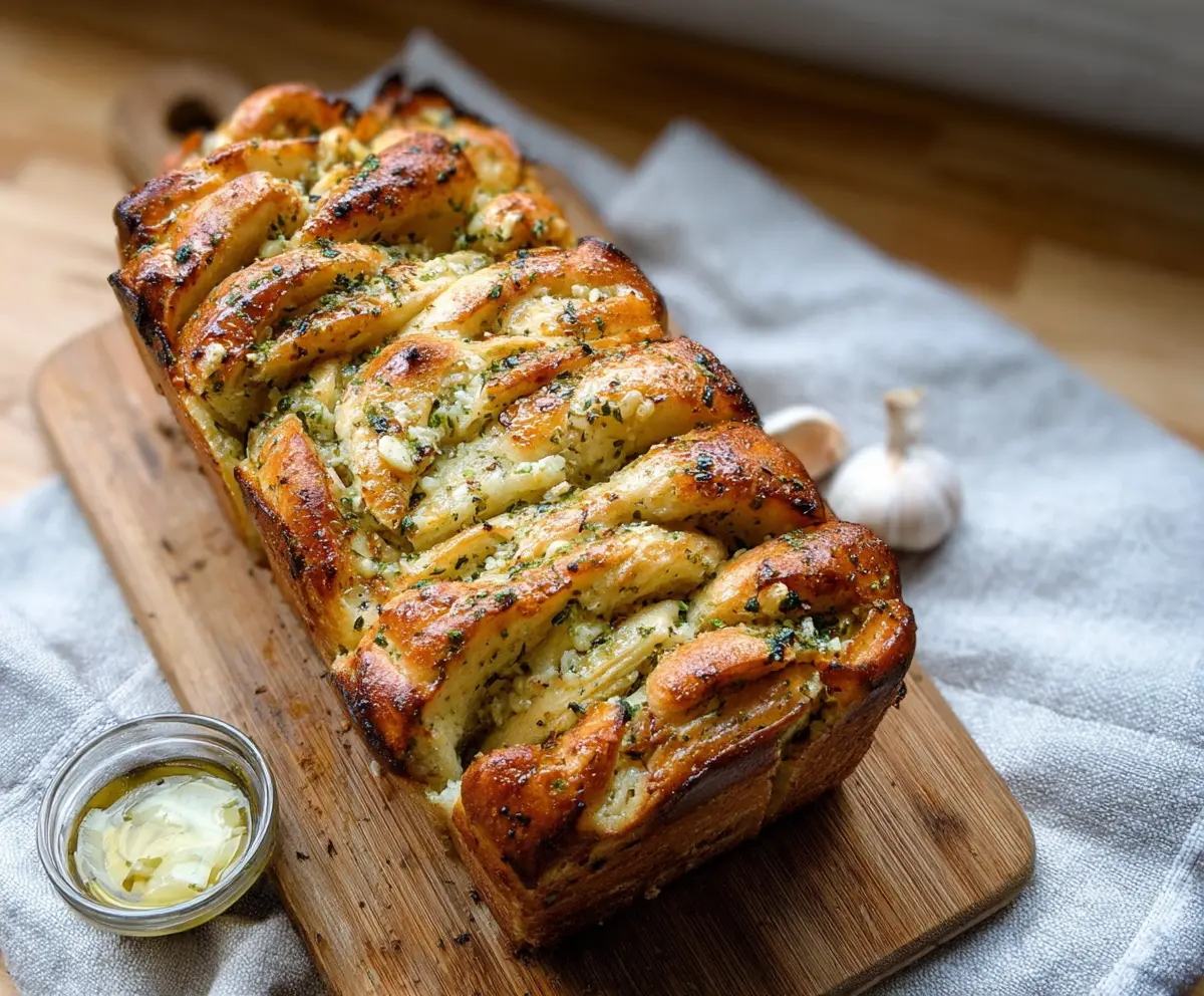 Delicious sourdough discard garlic pull apart bread fresh out of the oven, showcasing golden-brown layers and aromatic garlic topping.