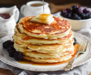 Delicious homemade sourdough discard pancakes stacked with syrup on a rustic plate