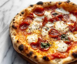 Homemade sourdough pizza dough ready for baking with a bubbly and elastic texture.
