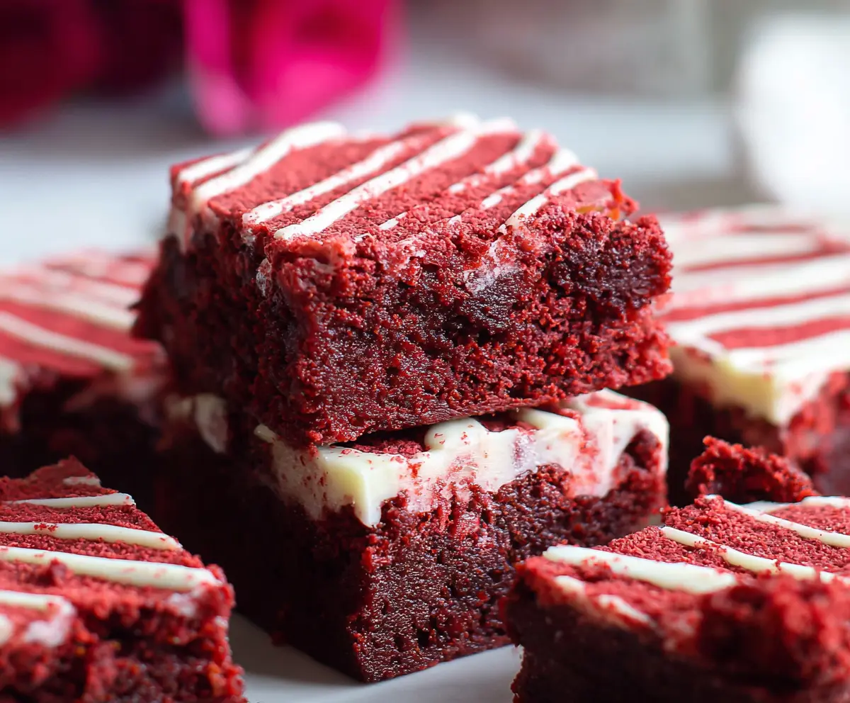 Decadent fudgy red velvet brownies topped with cream cheese frosting, perfect for Valentine's Day desserts.