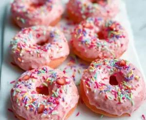 Valentine's Day themed strawberry donuts with pink frosting and sprinkles, perfect for celebrating love.