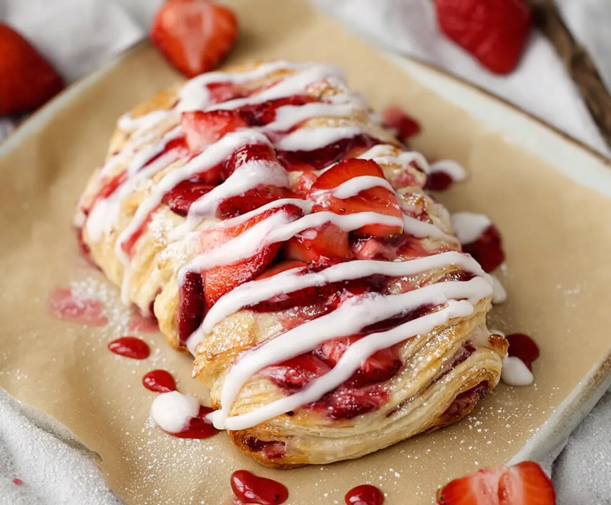 Delicious vegan strawberry cream Danish with fresh strawberries and flaky pastry for Valentine's desserts.